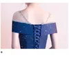 Abbigliamento etnico Abito da sera brillante di lusso Banchetti eleganti Blu scuro O-Collo Fasciatura sexy Abito lungo da ballo formale Abiti Qipao Cheongsam