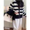 Women's Knits Fashion Single Breasted Short Sweater Coat Casual Long Sleeved Jacket Autumn Black White Striped Knitted Cardigan 29201