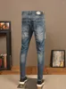 Jeans pour hommes Mode Rayé Lettre Patchwork Hommes Casual Bleu Slim Fit Pantalon Droit Streetwear Patchs Denim Pantalon