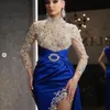 Evening Dresses Royal Blue Prom Party Gown Crystal Mermaid Zipper Plus Size Custom New Long Sleeve Beaded Satin Lace Up Applique High Neck Thigh-High Slits Pleat