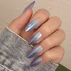 False Nails VITAGWX 24 Pcs/Set Solid Color Metallic Unique Fake Gradual Press On Nail Tips Reusable Jelly Sticker Art