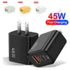 45W GaN Fast Charge 2 portas Carregadores de telefone 20W Adaptador de carregador rápido USB-C PD3.0 25W Tipo-C Carregador QC3.0 Carregamento rápido para iPhone 15 14 13 12 Samsung Xiaomi