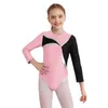 Stage Wear Bambini Ragazze Ginnastica Body Brillante Strass Manica lunga Patchwork Body per Balletto Danza Acrobatica Pattinaggio di figura Costume