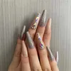 Unhas falsas fáceis de usar patches de manicure francesa strass longo desgaste armadura pó de prata falso materiais de alta qualidade