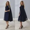 Elegant Navy Blue Mother Of The Bride Dresses With Wrap Knee Length Cap Sleeves Groom Godmother Chiffon Mermaid Evening Gown Customize