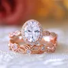 Arrival Vintage Jewelry Couple Rings 925 Sterling Silver&Rose Gold Fill Oval Cut White Topaz CZ Diamond Women Bridal Ring Cluster241p