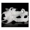 Feestmaskers Venetiaanse dansbalmasker Bruiloft Fancy Dress Oogmasker op stok Lily Flower Lace Feather Held Mask3663421 Drop Dhgzs