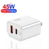 GaN Fast Charge 2 Ports Chargeurs de téléphone 45W Adaptateur de chargeur rapide USB-C PD 20W 25W Type-C Chargeur QC3.0 Charge rapide pour iPhone 15 14 13 12 Samsung Xiaomi