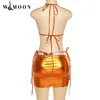 Work Dresses Halter Metallic 3 Pieces Micro Bikinis Reflective Skirt Set Sexy Beach Wear Swimsuits Woman 2023 Summer Bathing Suit Club Party