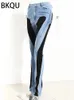 Jeans femininos bkqu mulheres lápis calças 2023 moda cintura alta contrato cor retalhos split longo denim elástico calças magras 231016