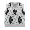 Men's Vests Sweater Vest Men Spring V-neck Japanese Vintage Argyle College Knitted Fashion Loose All-match Sleeveless Simple Clothing A02