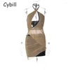 Arbetsklänningar Cybill Sexig klubbfestmonterad-hals lapptäcke ärmlösa rygglösa kvinnor ihåliga ser om kaki mini klänningsdräkt