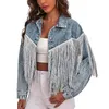 Giacche da donna Giacca corta da donna in jeans Casual abbottonata in denim strappato con nappa con strass Capispalla autunnale