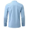 Men's T Shirts Casual Solid Color Top Shirt Stand Collar Blouses Roll Up Sleeve Long Fashion T-Shirt