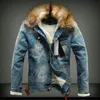 Jaqueta jeans masculina de couro falso inverno com gola de pele retrô rasgada de lã e casaco para outono S-6XL 231016