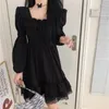 Sıradan Elbiseler Siyah Dantel Elbise Kadın Lolita Tarzı Fransız Sokak Giyim Kare Yaka Temper Y2K Giyim Sonbahar Vintage Moda Vestidos Gençler