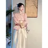 Ethnic Clothing 2023 Chinese Style Suit Skirt Temperament Lady Plate Buckle Pink Two Piece Set For Women Qipao