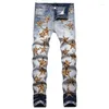 Jeans masculinos leopardo estrela bordado outono inverno fino ajuste estiramento rasgado buraco denim calças estilo punk streetwear 28-42