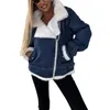 女性用ジャケット女性フリースデニムジャケットカジュアルコントラストカラー秋の服のための長袖ジップカーディガン