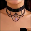 Pendant Necklaces Pendant Necklaces Lacteo Gothic Black Lace Rope Short Necklace Mtilayer Corss Chain Tassel Natural Stone Choker Wome Dhxkc