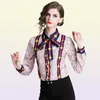 Camisa impressa feminina com arco de pescoço PLUS TAMANHO ELEGENTE DE MANAGEM LONGA BOTÃO BLOUSS BLOUSES CHAMISTAS DE ESCRITÓRIAS DE ESCRITÓRIAS