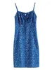 Vestidos casuais fsle boêmio syle azul impresso uma palavra colar suspender vestido feminino verão seaside férias estilo floral pequenas mulheres