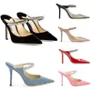 Women high heel bing sandal slide slipper mules shoes nude black patent leather Crystal Straps Stiletto Heels Sexy Pointed Toe Party Wedding dress pumps with box 35-43