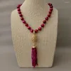 Correntes 22 "14mm Fuchsia Tiger Eye Rodada Beads Colar Pedra Cubic Zirconia Micro Pave Ovo Ouro Cor Banhado Pingente Para Mulheres