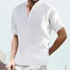 Camiseta masculina casual cor sólida camisa superior gola blusas manga enrolada camiseta longa da moda