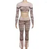 Women's Two Piece Pants Striped Mesh 2 Set Women Sexy See Through Long Sleeve T-shirts Crop Top High Waist Flare Slim Suits Clubwear