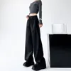 Pantalon Femme taille haute en cuir PU droit pour femmes 2024 ample automne Pantalon large noir solide Pantalon Femme P100