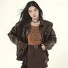 Couro feminino cjfhje punk moda marrom jaqueta feminina streetwear zíper moto motociclista casaco solto alta rua mulher