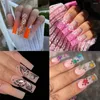 Unhas Falsas Moda Francesa Longo Quadrado Flor de Cerejeira Borboleta Pressão Destacável Cobertura Completa Dicas de Unhas Mulheres Meninas