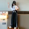 Kläder sätter tonåringar flicka modekläder set koreansk stil bokstav topp breda ben byxor två stycken fritid kostym kläder för barn 10 12 år