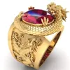 Solitaire Ring Huitan Luxury Gold Color Dragon Mönster Män ringar Inlagd Big Oval Red Stone Wedding Party Finger Man Trendy Jewelry 231016