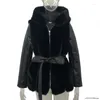 Manteau en fausse fourrure pour femmes, ceinture à capuche, veste solide à fermeture éclair, vêtements pour femmes, 2023