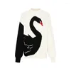 Women's Sweaters 2023 Winter Casual Black Swan Embroidery Women Loose Sweater Y2K Long Sleeve O Neck Patchowrk Knit Ladies Pullovers Fashion