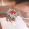 Cluster Ringen Delicate Oranje-Rood Ruby Ovale Bloemen Vol Diamanten Paar Ring Voor Vrouwen Geometrische Zirkoon Kerstcadeau Sieraden