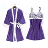 Women's Sleepwear Purple 2PCS Satin Women Robe Suit Kimono Gown Sexy Strap Nightgown Cute Bow Night Dress With Bra Long Sleev182K