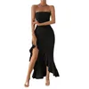 Casual Dresses Women's Knit Monterad ärmlös Lång klänning Elegant fast färg Strapless Off Shoulder Ruffle Hem High Slits Cocktail Party