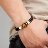 Pulsera clásica de cuero genuino doble para hombre, pulseras de piedra de ojo de tigre redonda Natural, joyería magnética de acero inoxidable 243V