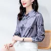 Camisa de satén con estampado de mariposas para mujer, camisas con botones morados de diseñador, blusas de pasarela informales y versátiles con solapa de otoño e invierno, blusas formales de talla grande 2023 para oficina