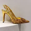 Women Designe slipper Glitter Material Slingbacks Pumps Rhinestone Button Up Wedding Shoes 10cm Stiletto Evening Heels Sandals Back Strap