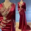 Evening Dresses Dark Red Prom Party Gown Crystal Mermaid Zipper Plus Size Custom New Long Sleeve Beaded Satin Lace Up V-Neck Applique