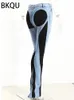 Frauen Jeans BKQU Frauen Bleistift Hosen 2023 Mode Hohe Taille Vertrag Farbe Patchwork Split Lange Denim Elastische Dünne Hosen 231016