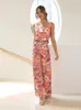 Women's Two Piece Pants Pink Printed Top Suit Women Sleeveless Square Collar Vest High Waist Flare Pant Suits Female 2023 Summer Elegant Set