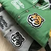 Men s Jackets Flocking Towel Embroidery Tiger HUMAN MADE Varsity Baseball Men Women Green Gray Patckwork Leather Sleeve Coat 231016