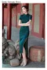 Etnisk kläder sommar qipao lång delad klänning mörkgrön cheongsam elegant high-end flicka förbättrad vintage kinesisk stil