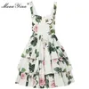 Sukienki swobodne moaayina bawełniana sukienka Summer Summer Spaghetti Pasp bez pleców kwiatowy nadruk biały kaskadowy marszczenie Dres203x