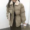 Trenchs de femmes manteaux d'hiver coréen élégant manteau de coton épais femmes vêtements d'extérieur fausse fourrure revers vestes chaudes femme cordon de serrage taille